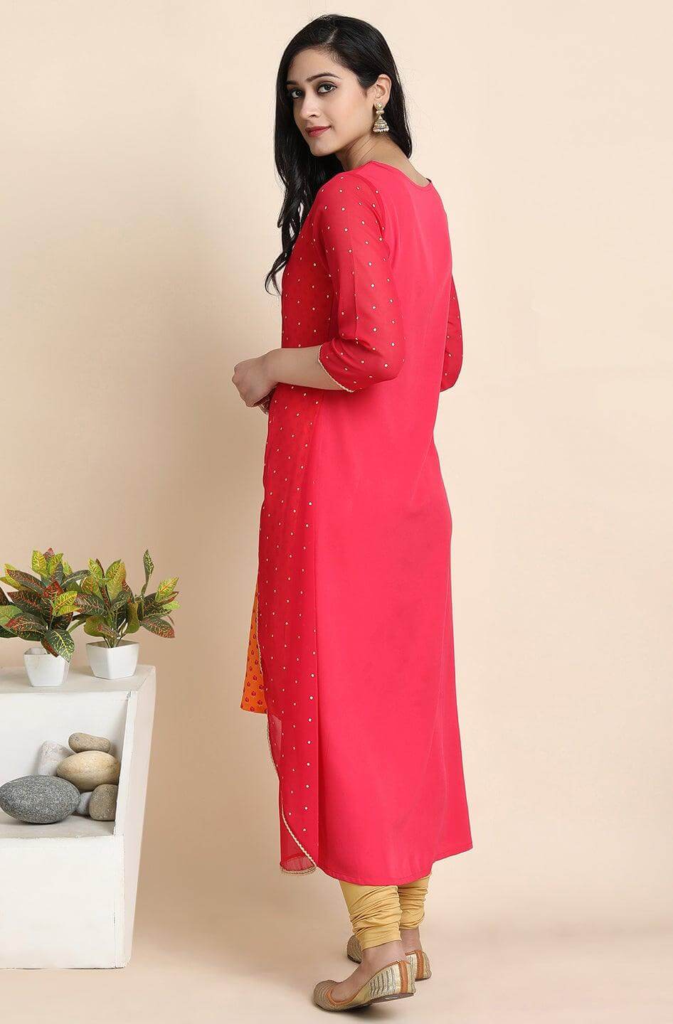 Orange Poly Crepe Floral Print A-Line With Attached Jacket Kurta