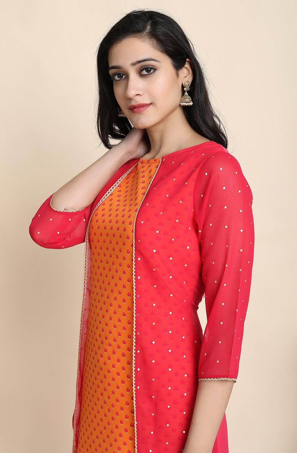 Orange Poly Crepe Floral Print A-Line With Attached Jacket Kurta
