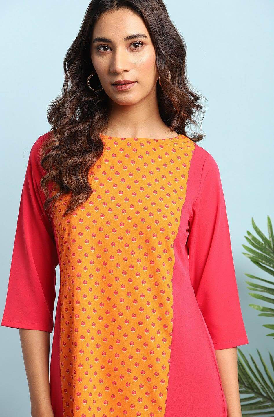 Orange Poly Crepe Floral Print A-line Kurta