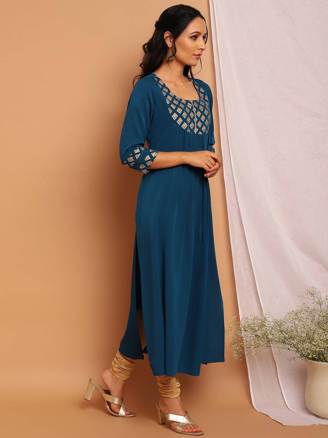Teal Poly Crepe Ethnic Motifs Straight Kurta