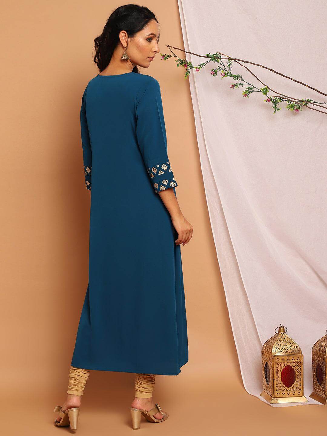 Teal Poly Crepe Ethnic Motifs Straight Kurta