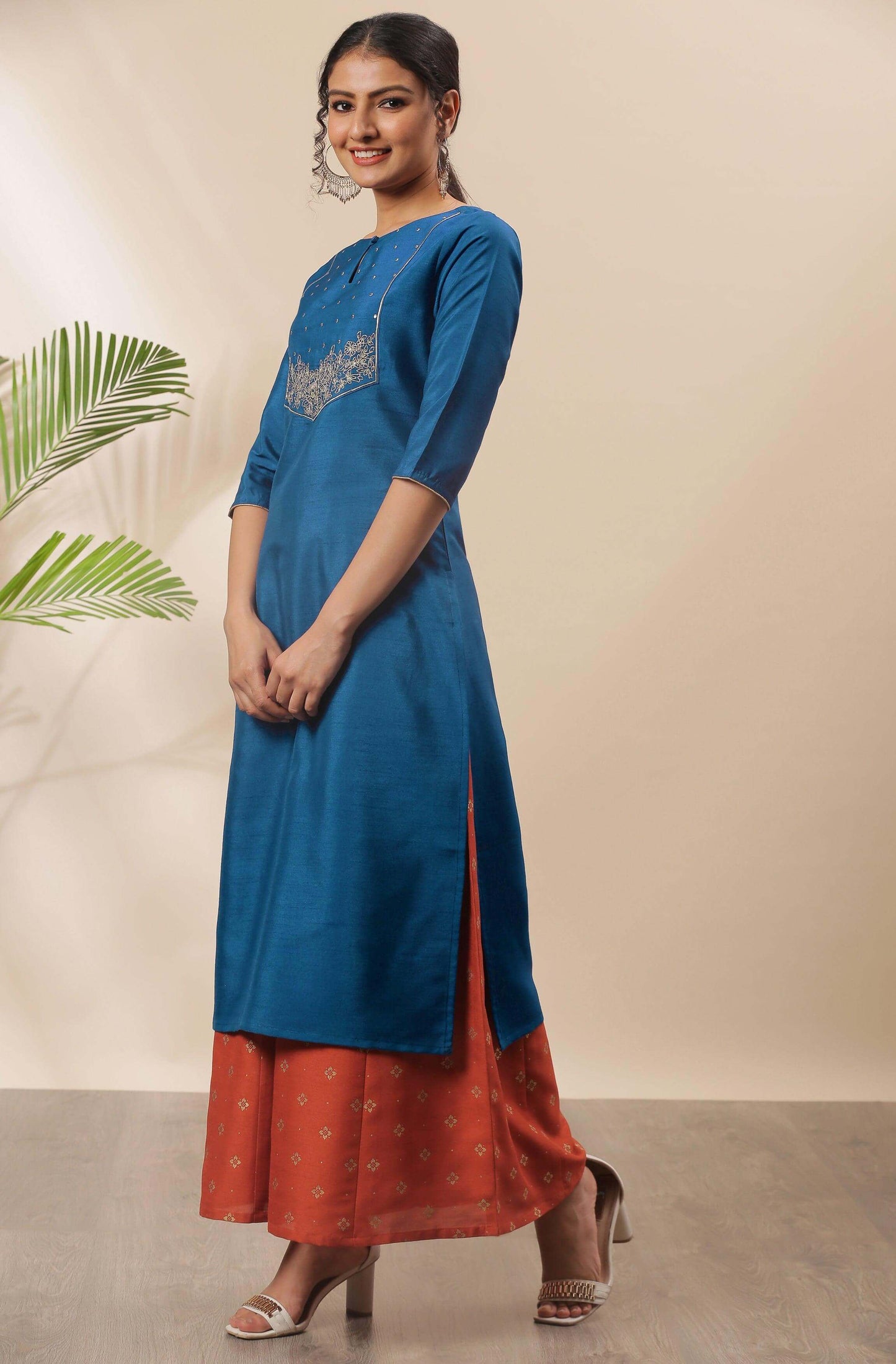 Blue Poly Silk Embroidered Straight Kurta