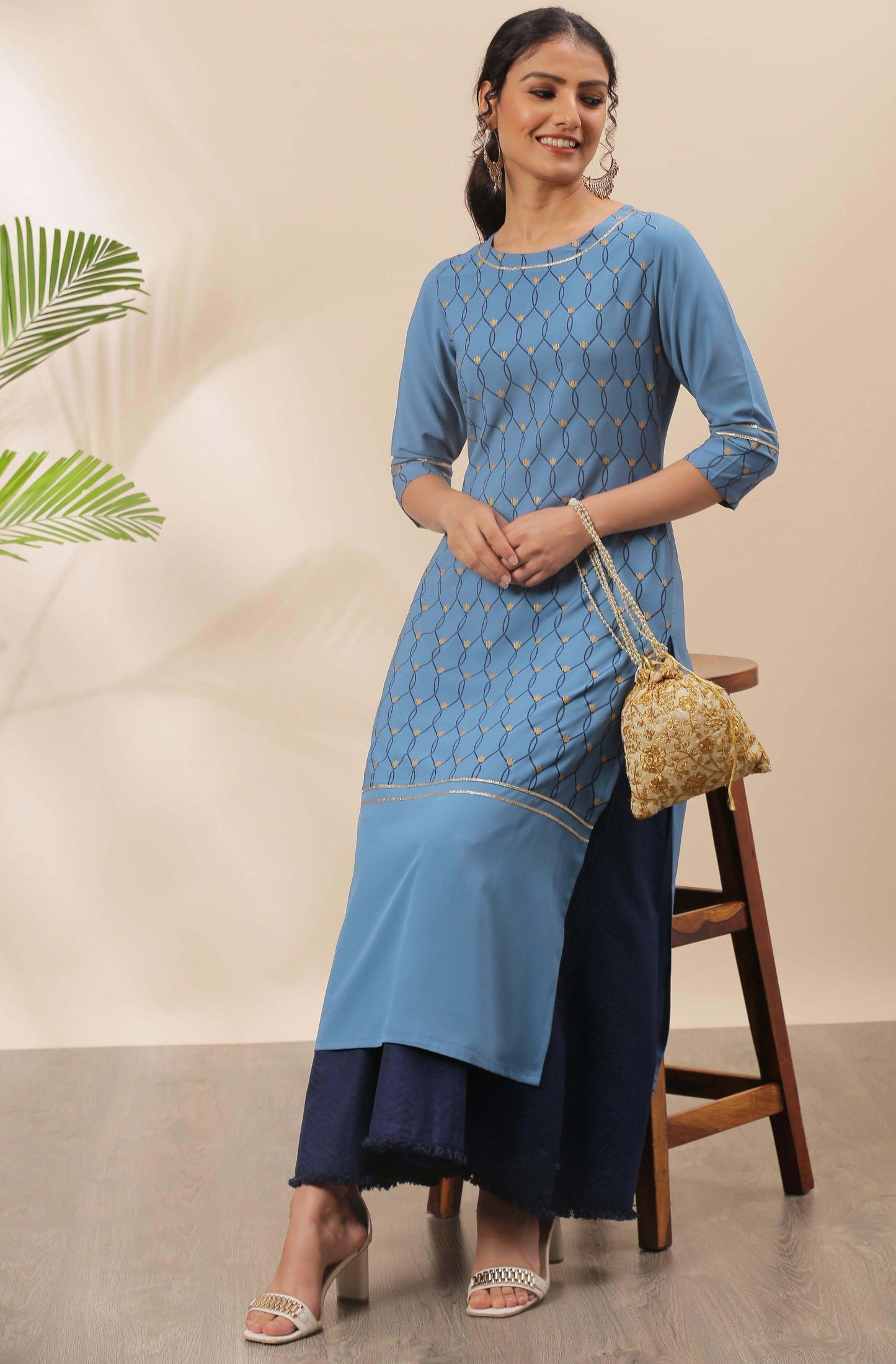 Blue Poly Crepe Ethnic Motifs Straight Kurta