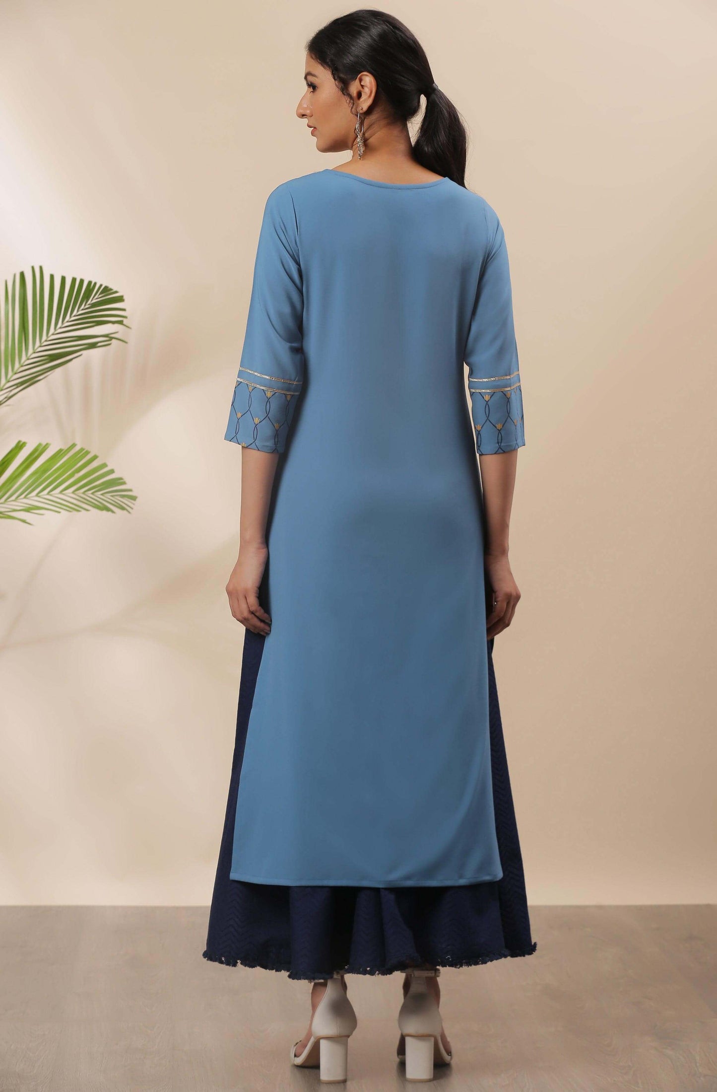 Blue Poly Crepe Ethnic Motifs Straight Kurta