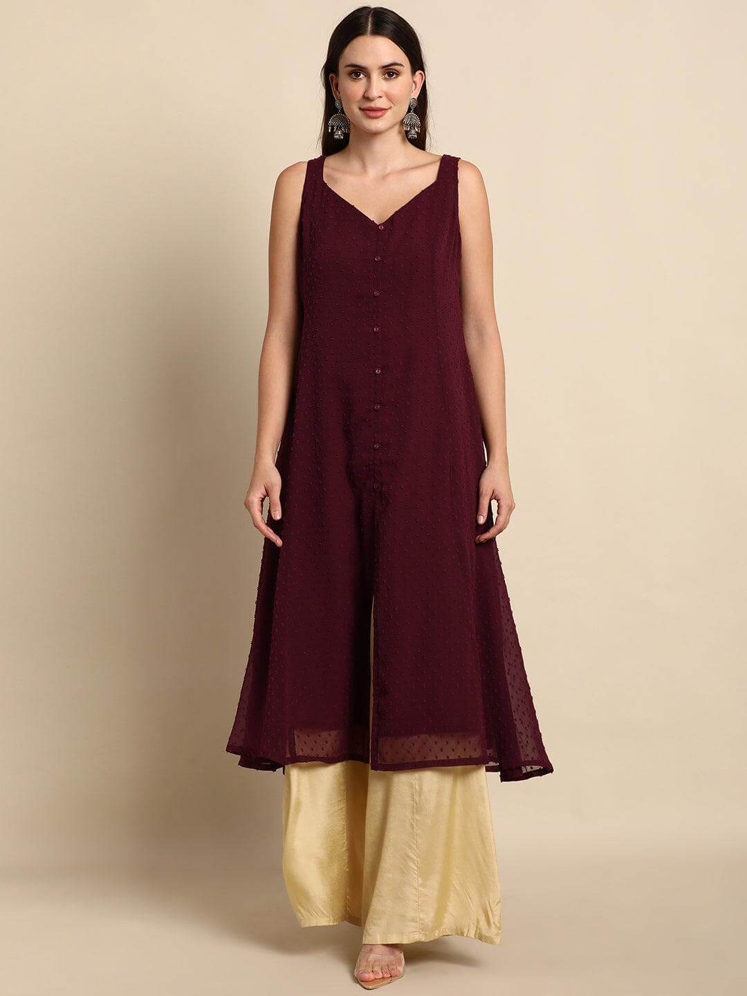 Wine Poly Chiffon Self Design Frontslit Kurta