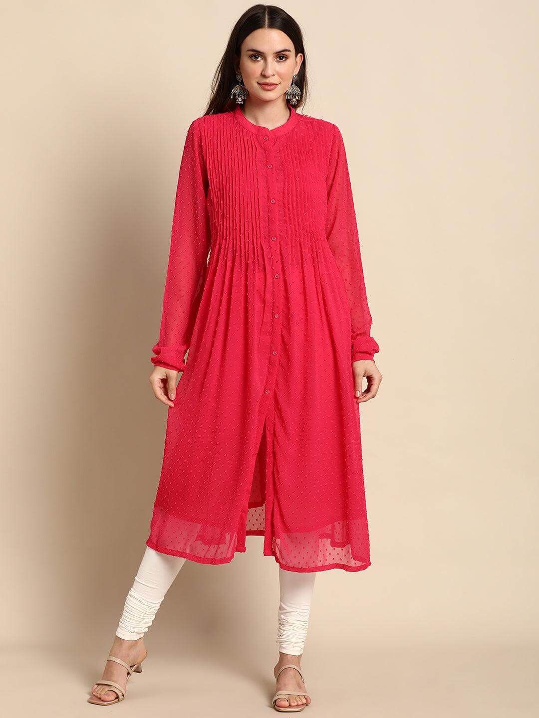 Pink Poly Chiffon Self Design Frontslit Kurta