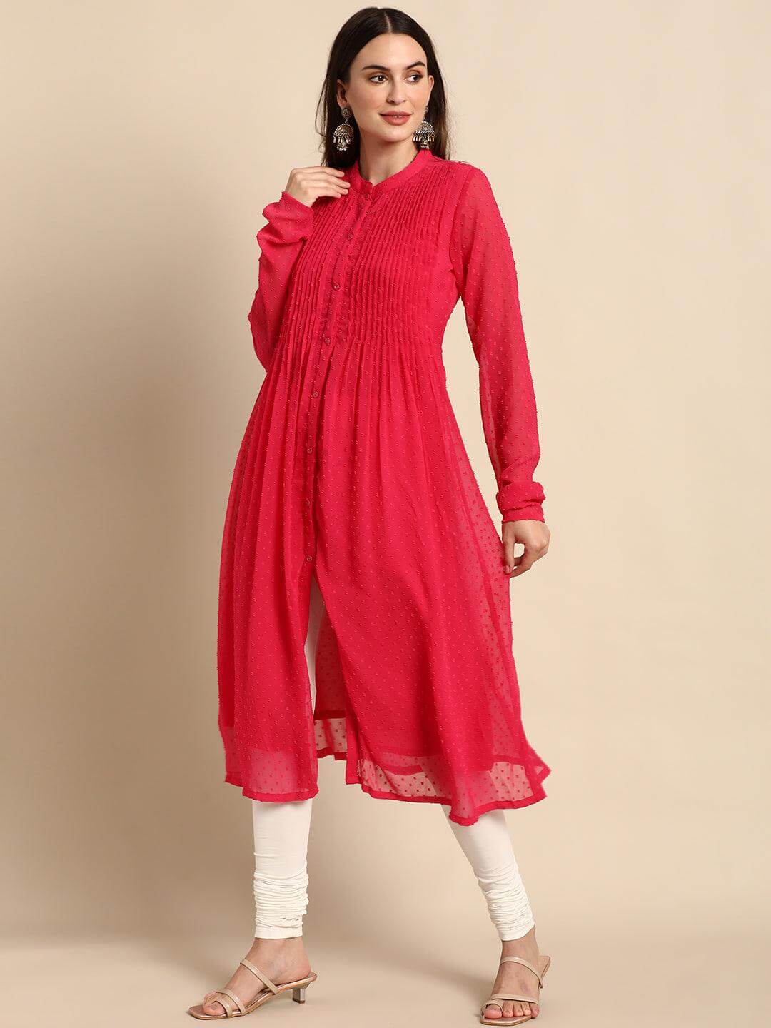 Pink Poly Chiffon Self Design Frontslit Kurta
