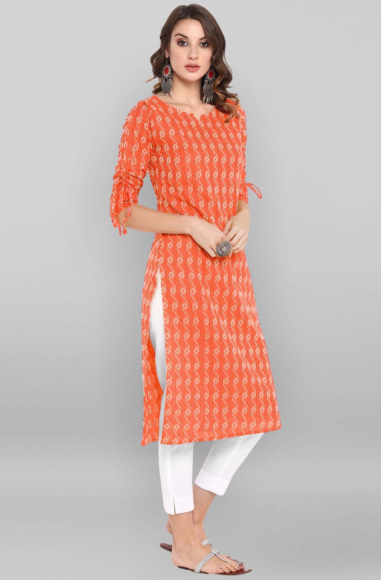 Orange Cotton Woven Design Straight Kurta