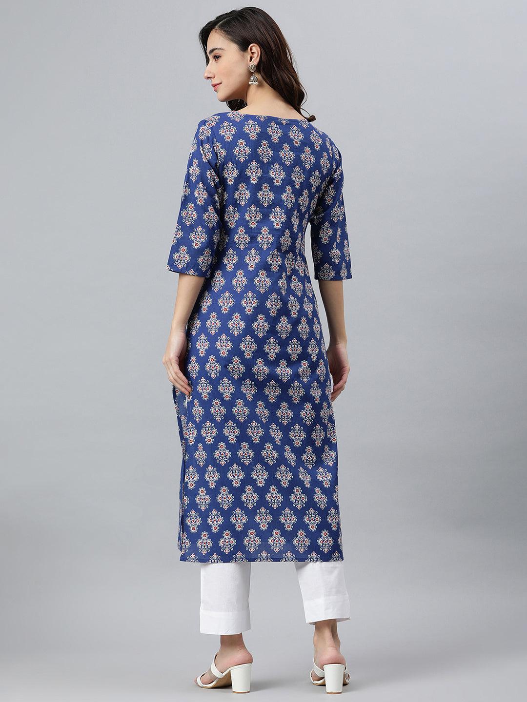 Blue Cotton Floral Print Straight Kurta