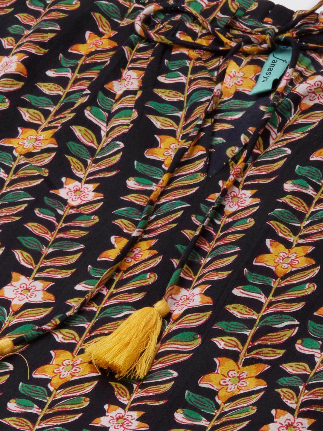 Black Cotton Floral Print Flared Kurta