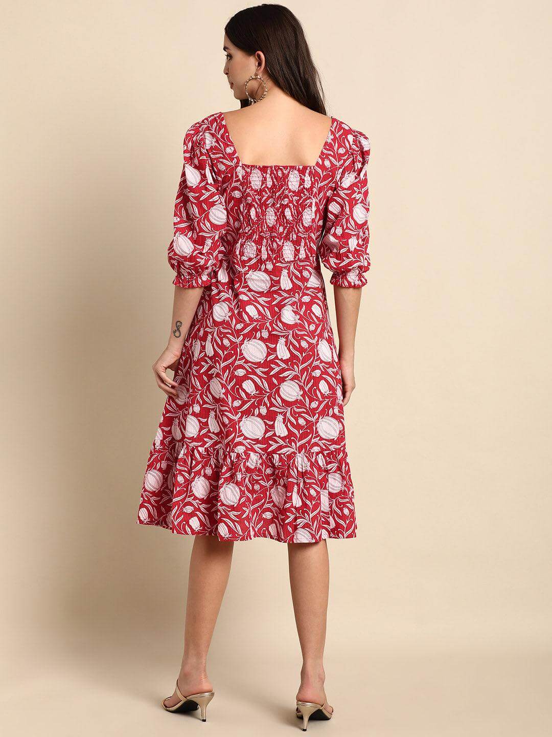 Red Cotton Floral A-line Western Dress