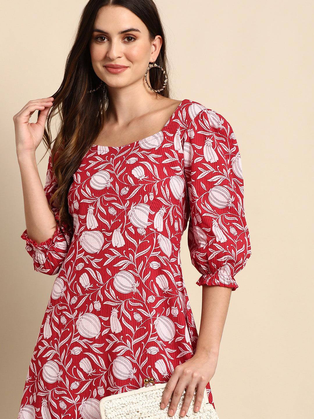 Red Cotton Floral A-line Western Dress