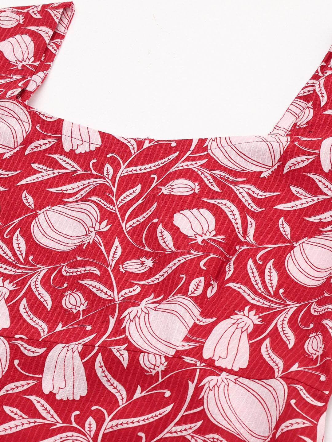 Red Cotton Floral A-line Western Dress