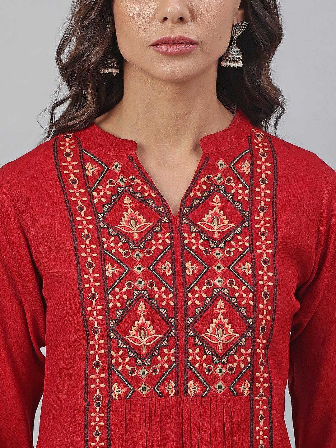 Maroon Rayon Slub Embroidered A-Line Tunic