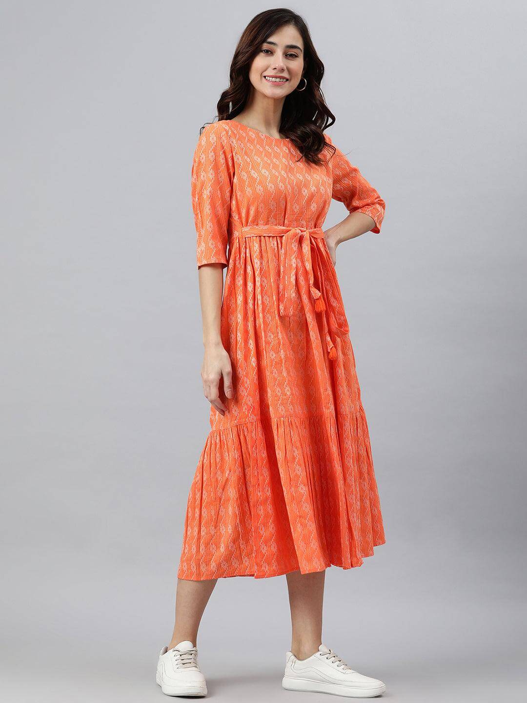 Orange Cotton Woven Design Tiered Western Dress