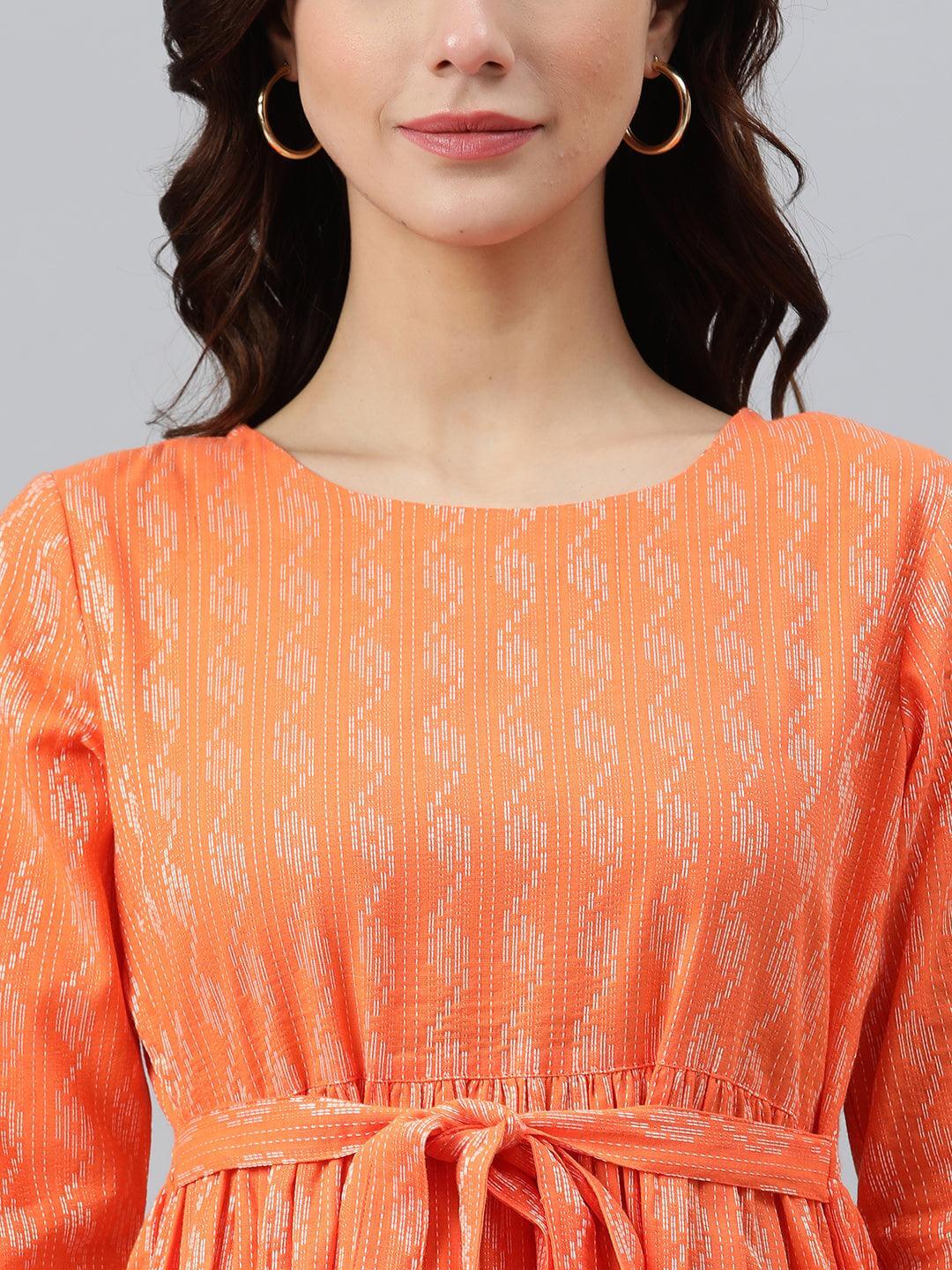 Orange Cotton Woven Design Tiered Western Dress