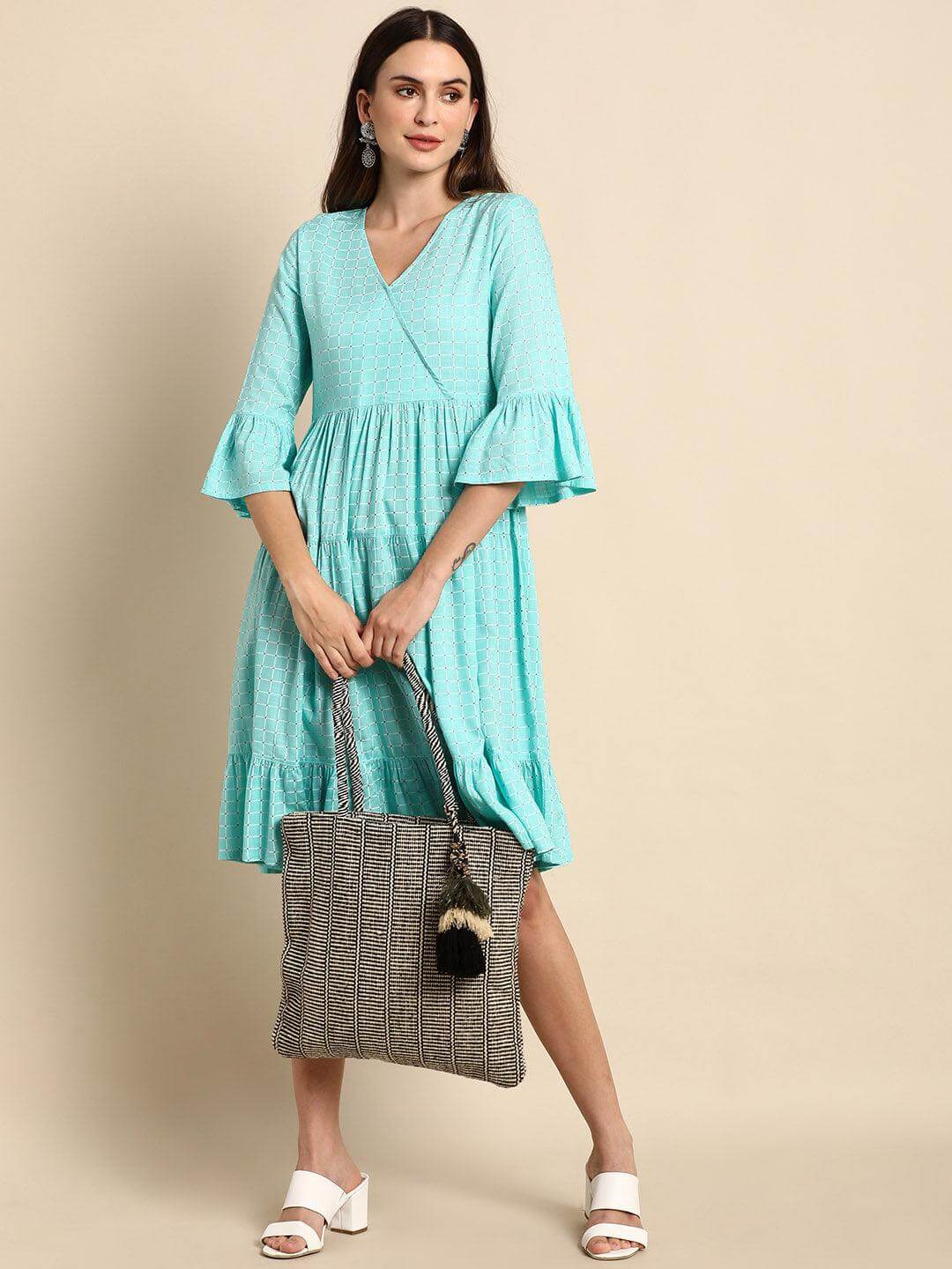 Turquoise Rayon Checkered Flared Western Dress