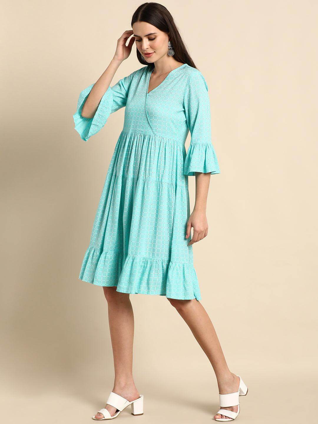 Turquoise Rayon Checkered Flared Western Dress