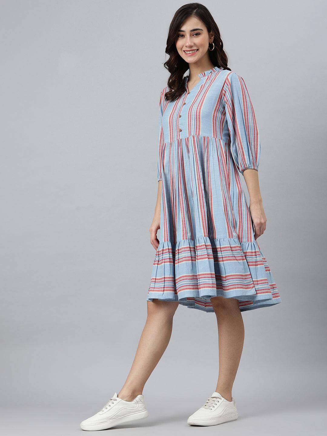 Sky Blue Cotton Blend Striped Flared Western Dress