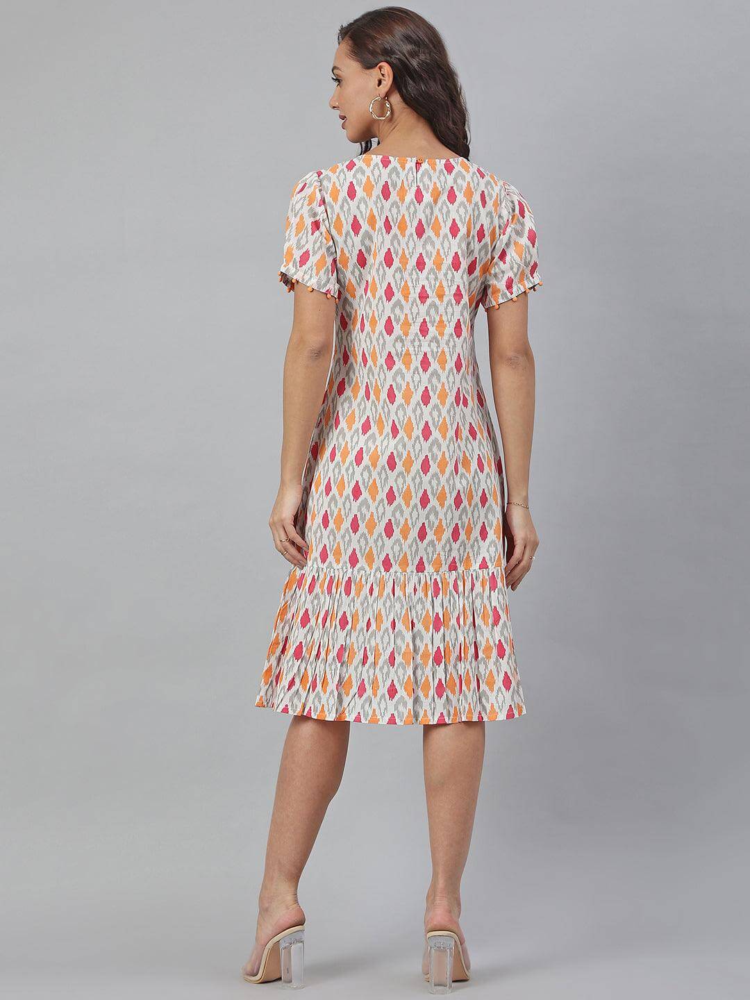 Off White Cotton Printed A-line Western Dress