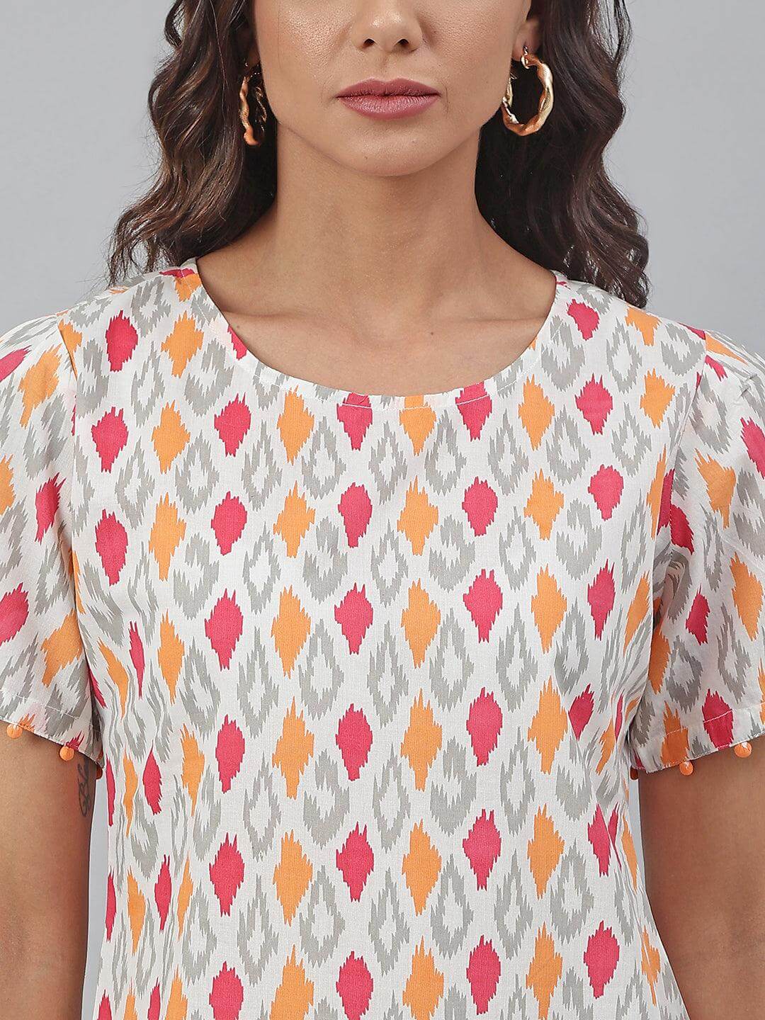 Off White Cotton Printed A-line Western Dress