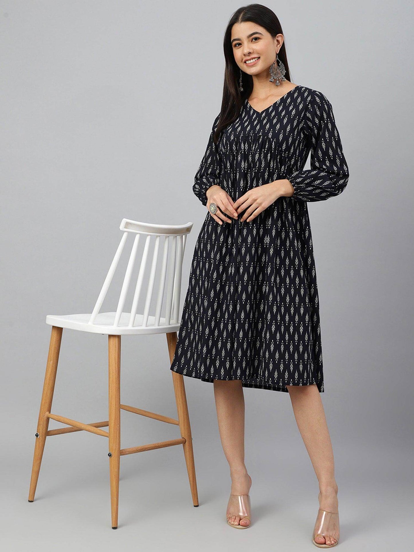 Black Cotton Printed A-line Western Dress