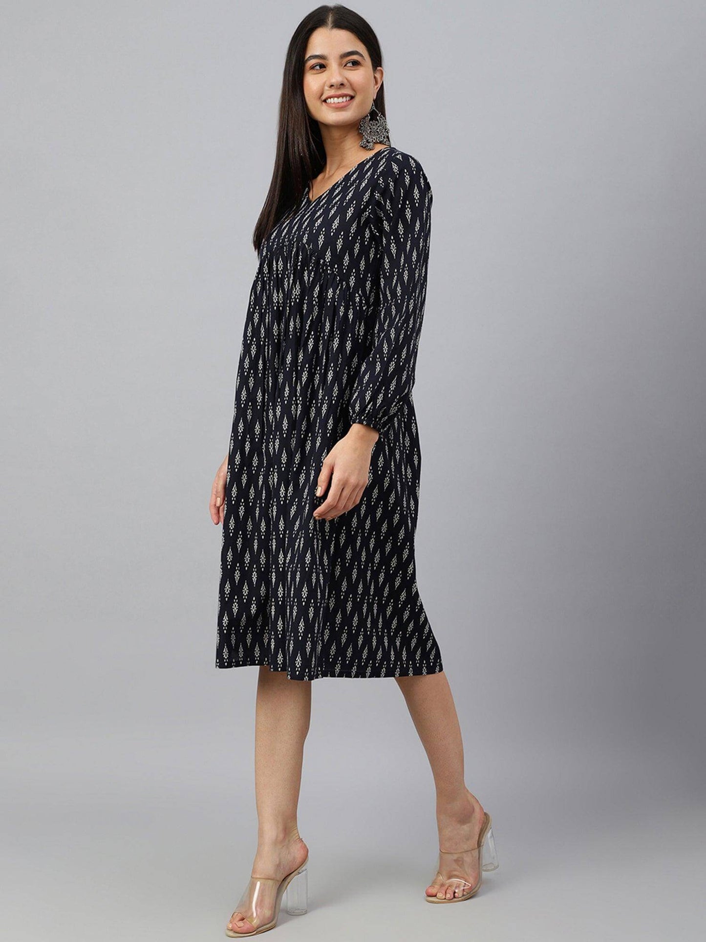 Black Cotton Printed A-line Western Dress