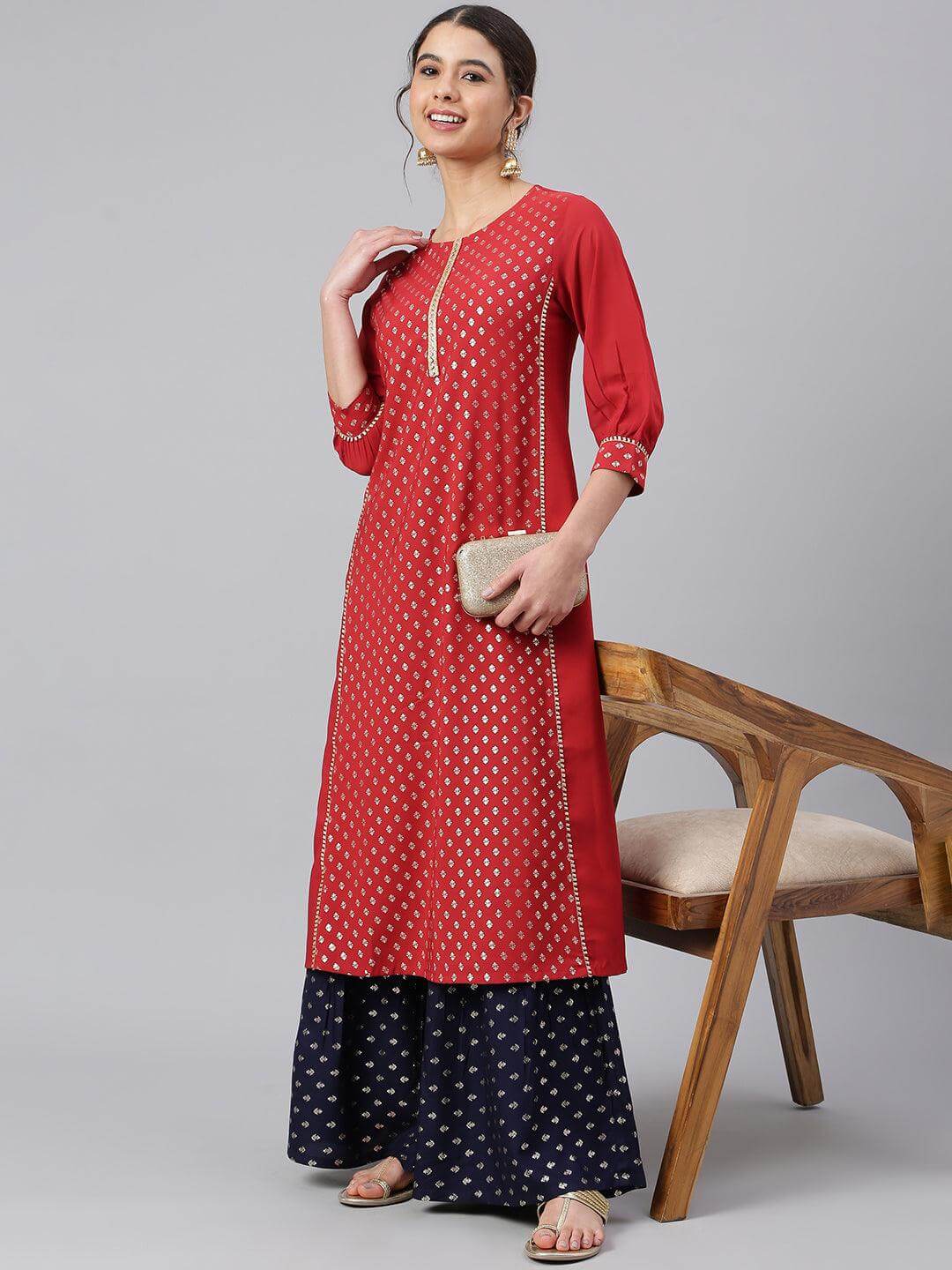 Maroon Crepe Foil Print A-line Kurta