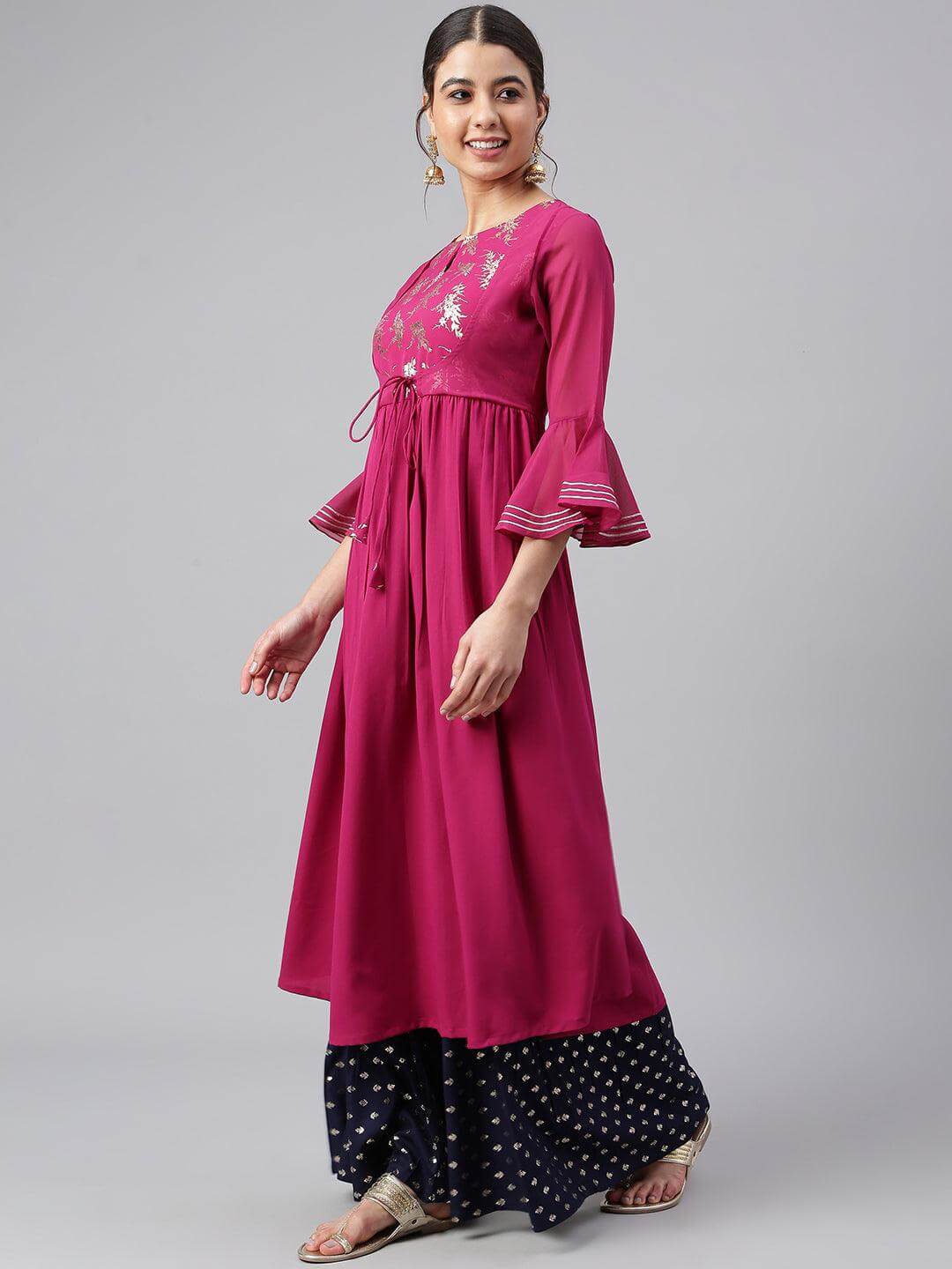 Wine Crepe Solid Flared Kurta