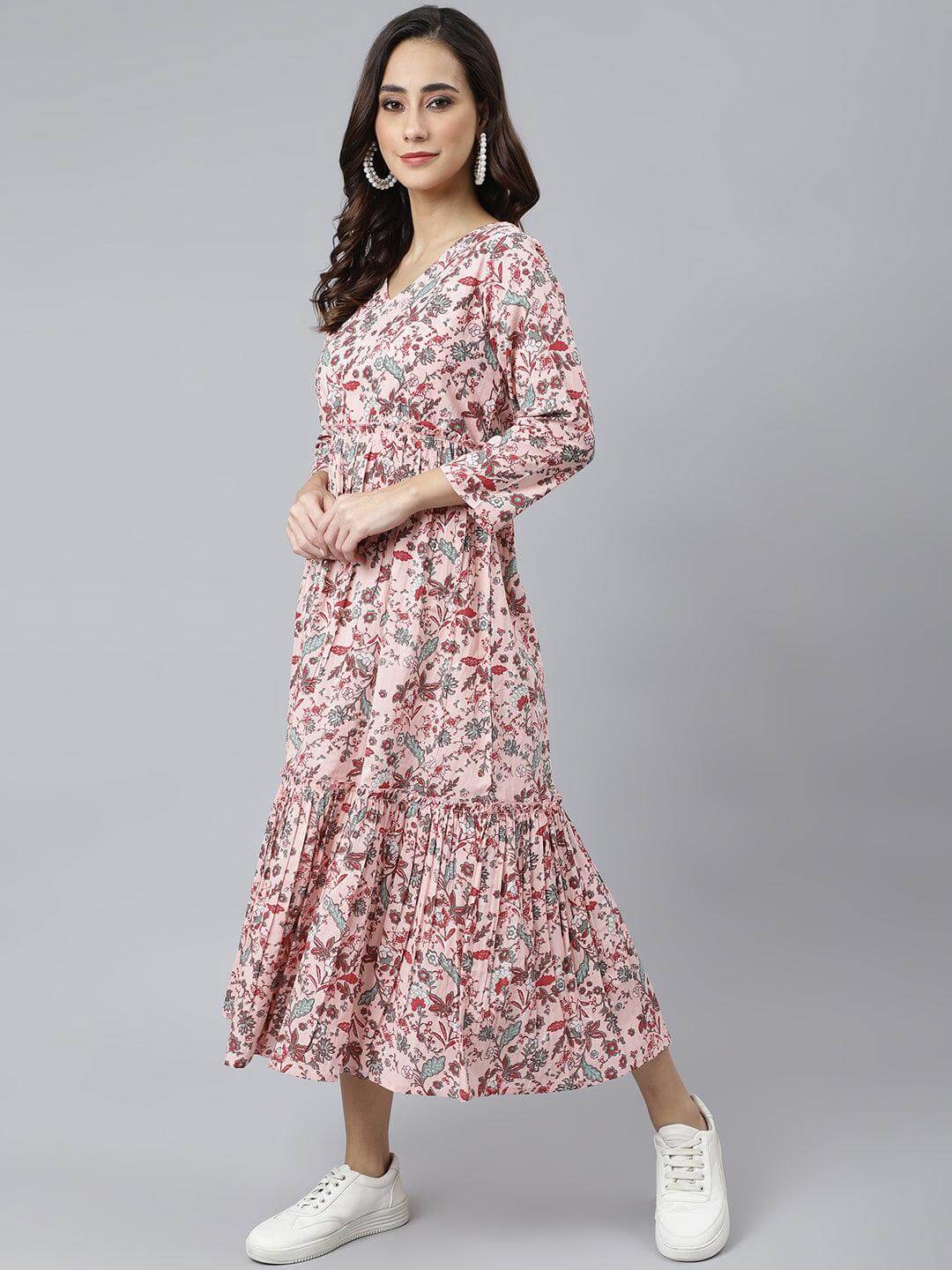Peach Cotton Floral Block Print Flared Kurta