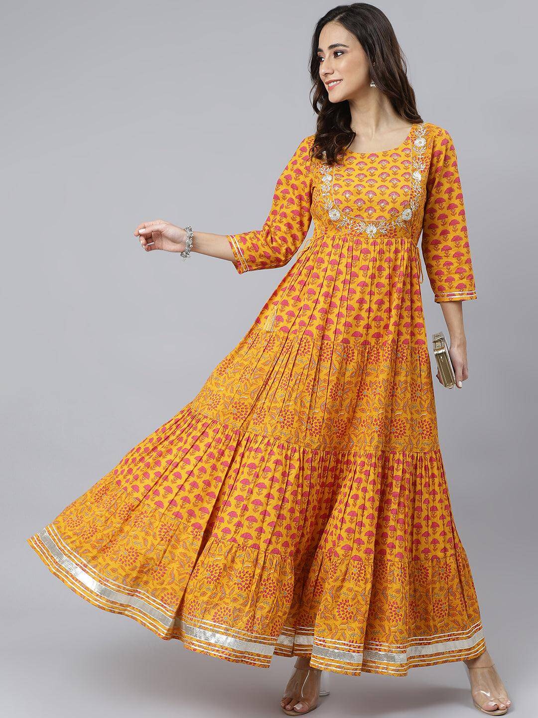 Mustard Cotton Floral Print Flared Kurta