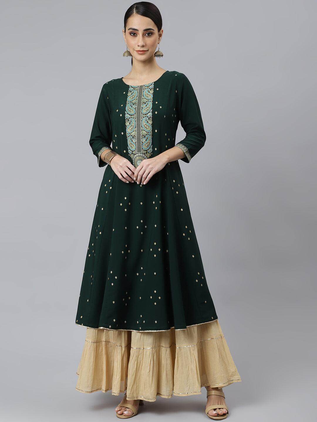 Green Crepe Foil Print Straight Kurta