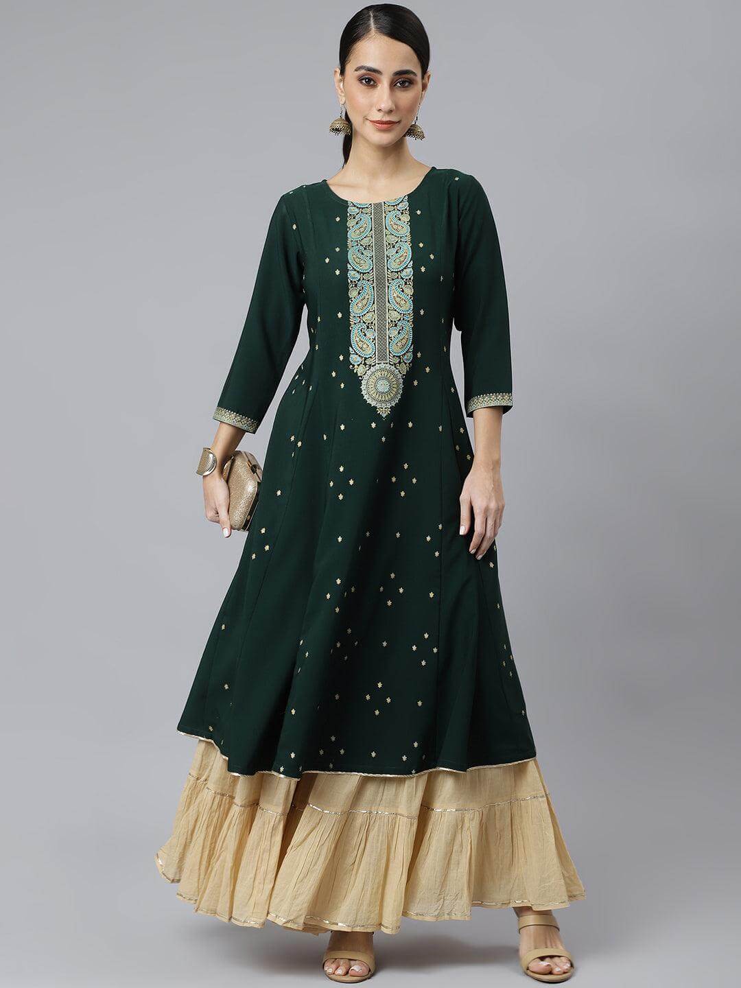 Green Crepe Foil Print Straight Kurta