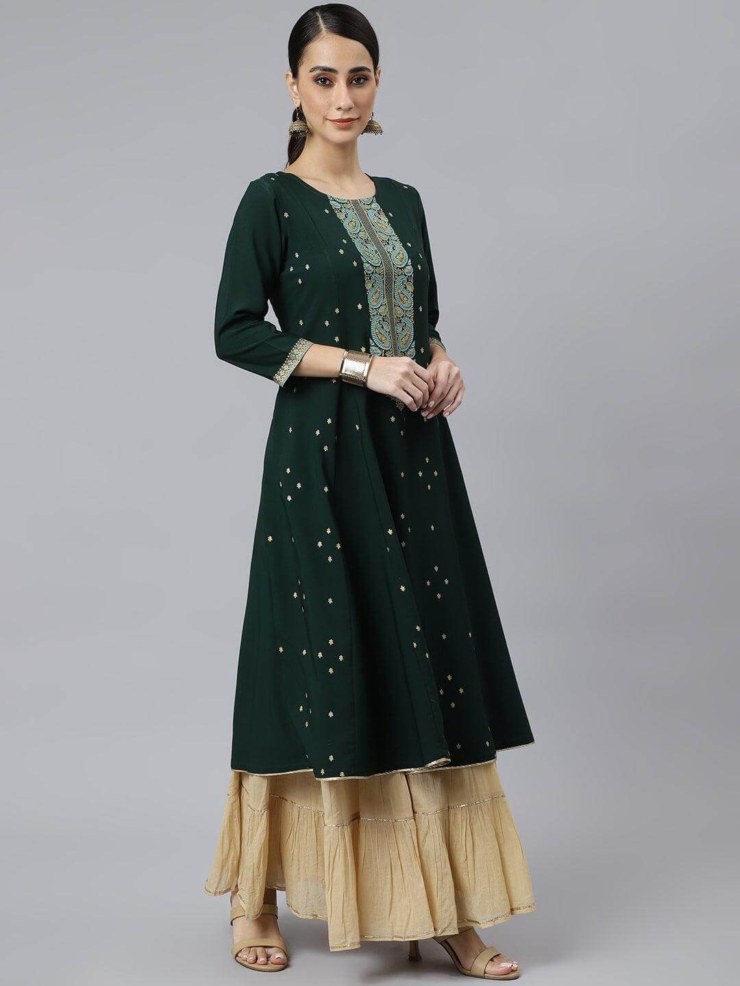 Green Crepe Foil Print Straight Kurta