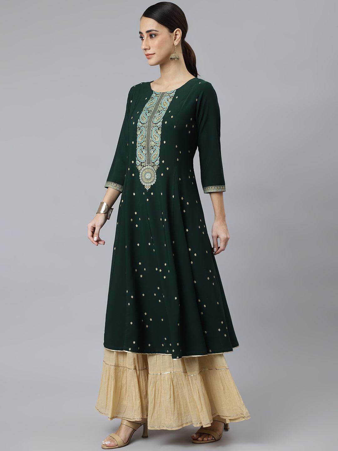 Green Crepe Foil Print Straight Kurta