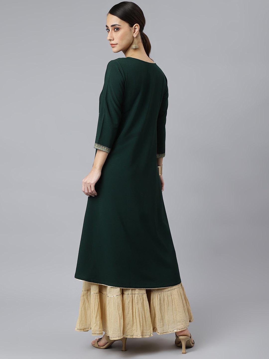 Green Crepe Foil Print Straight Kurta