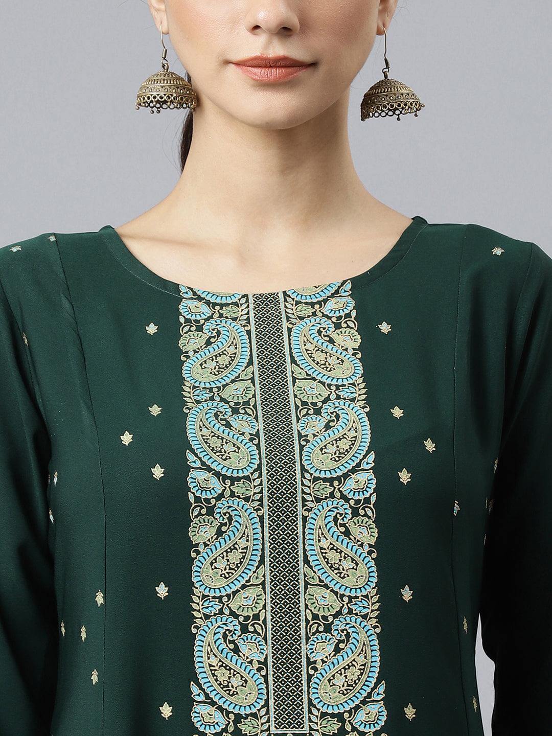 Green Crepe Foil Print Straight Kurta