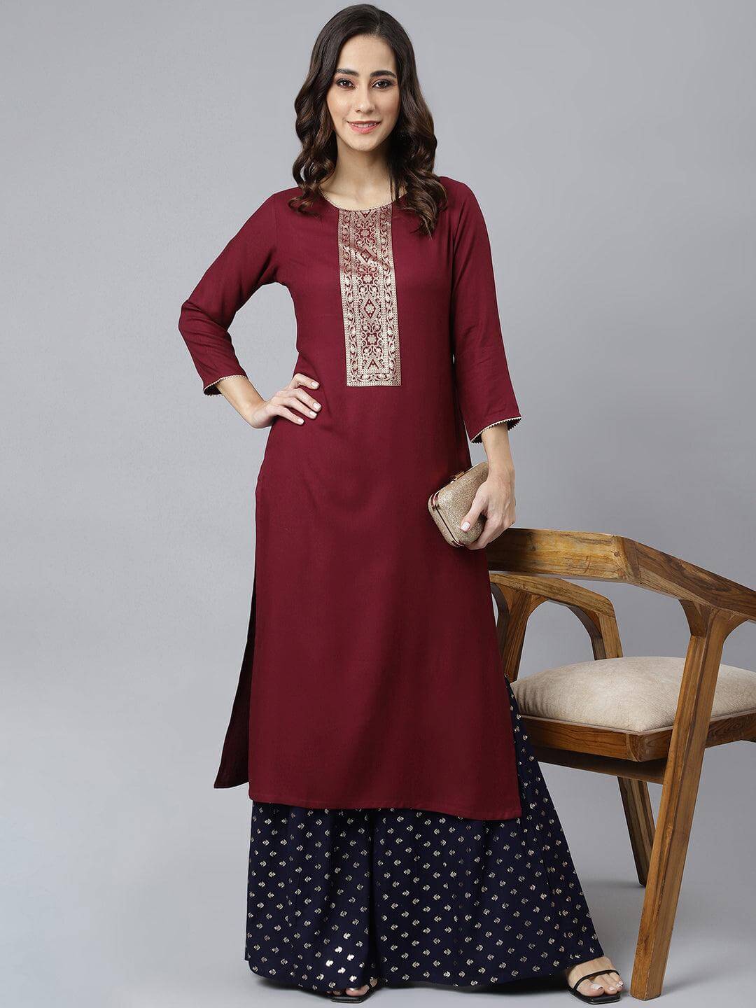 Wine Rayon Solid Straight Kurta