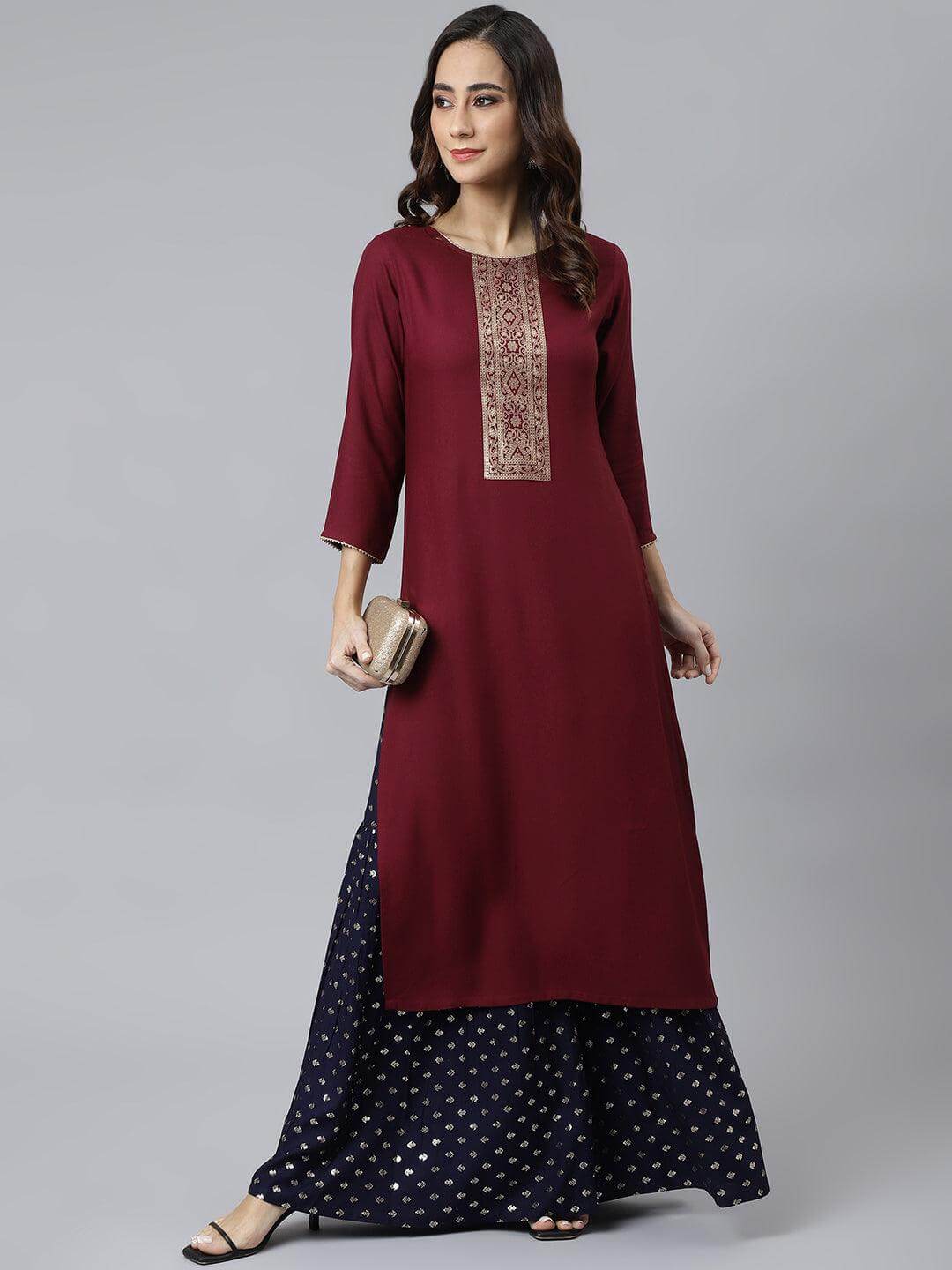 Wine Rayon Solid Straight Kurta