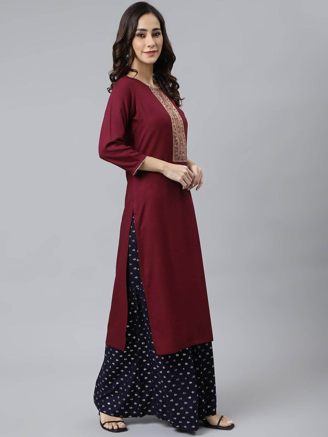 Wine Rayon Solid Straight Kurta