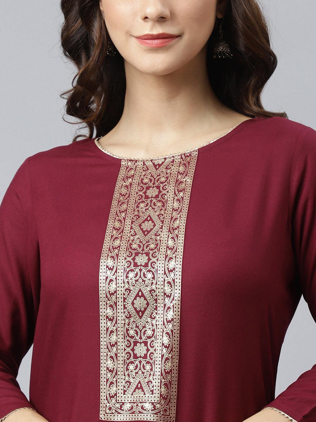 Wine Rayon Solid Straight Kurta