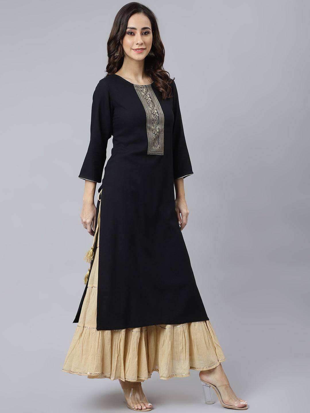 Black Rayon Solid Straight Kurta