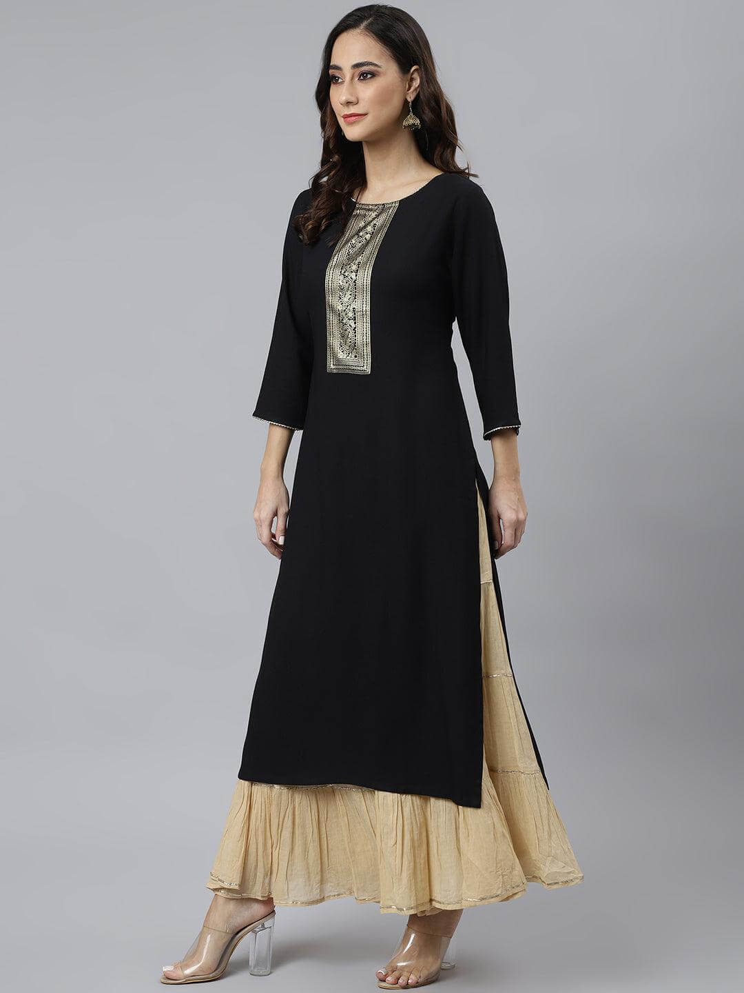Black Rayon Solid Straight Kurta