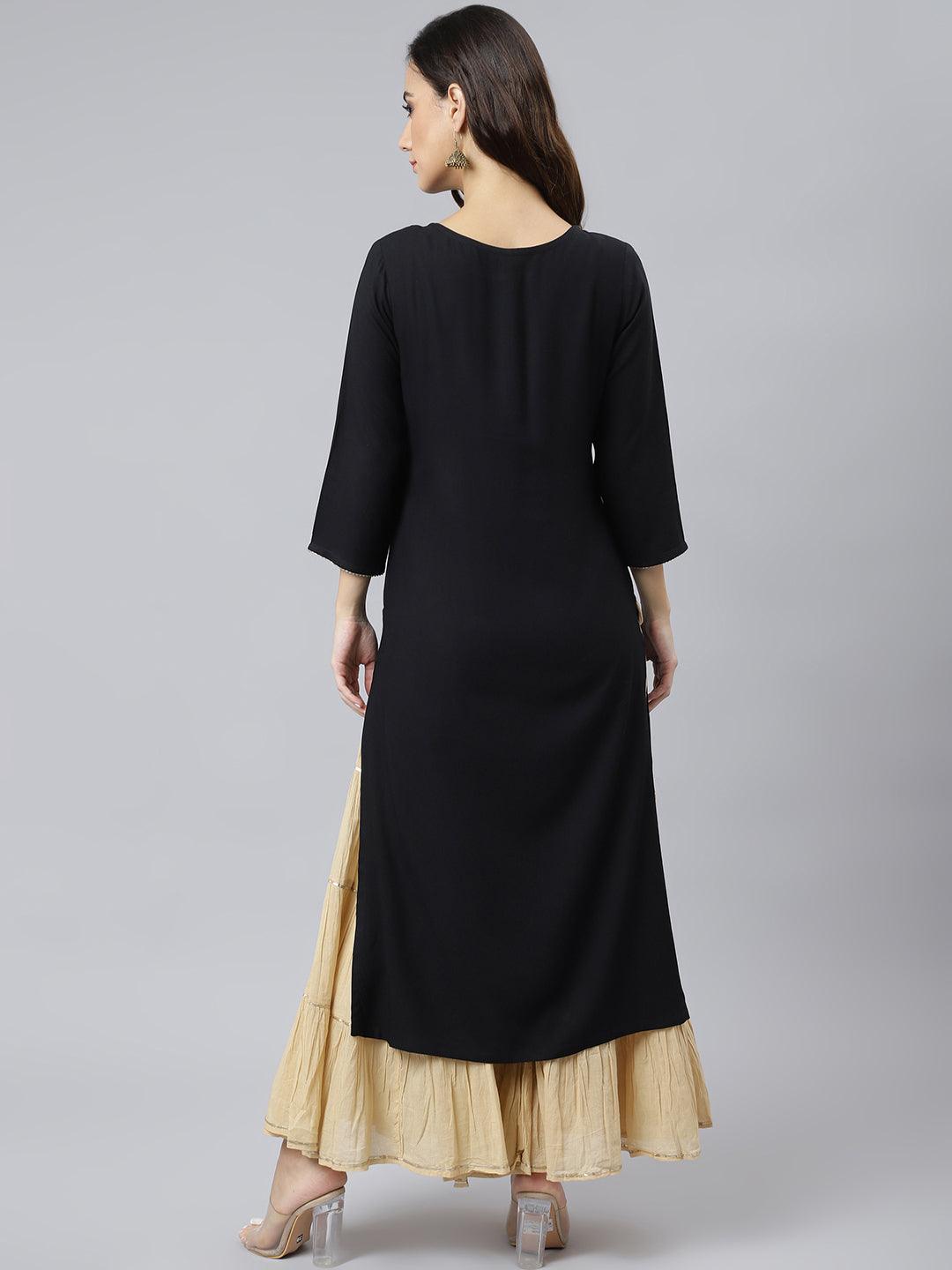 Black Rayon Solid Straight Kurta