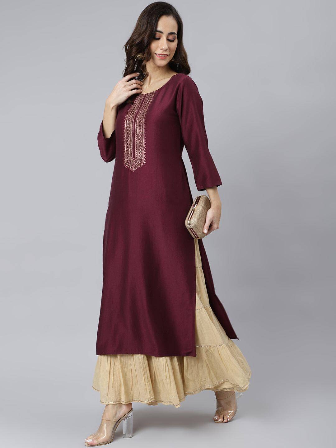 Wine Poly Silk Solid Straight Kurta