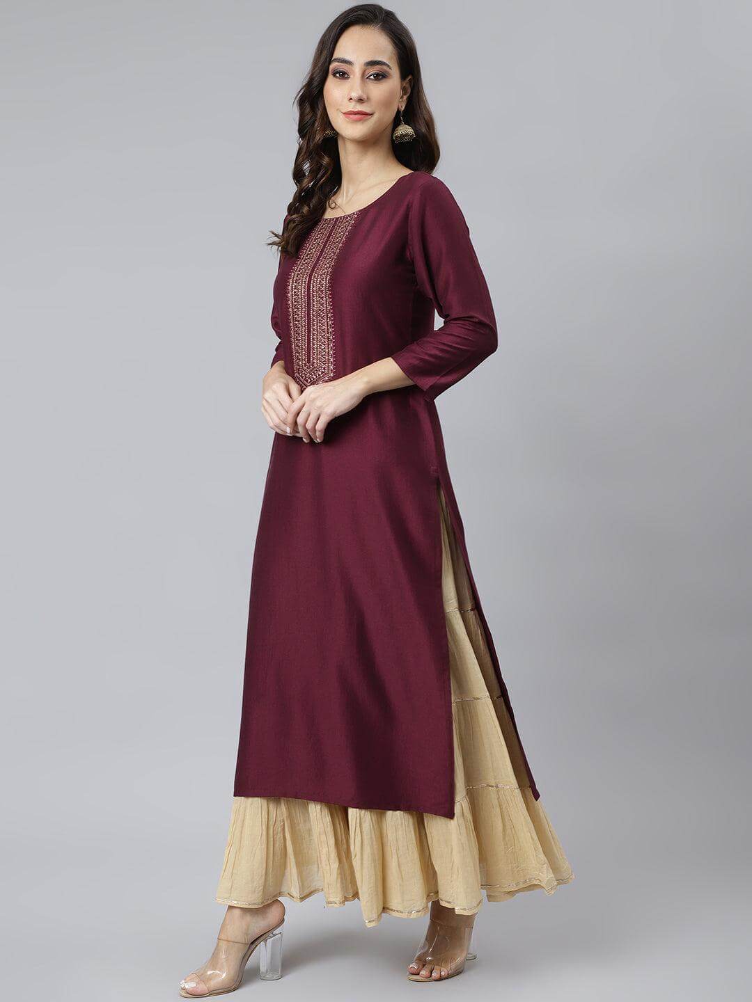 Wine Poly Silk Solid Straight Kurta