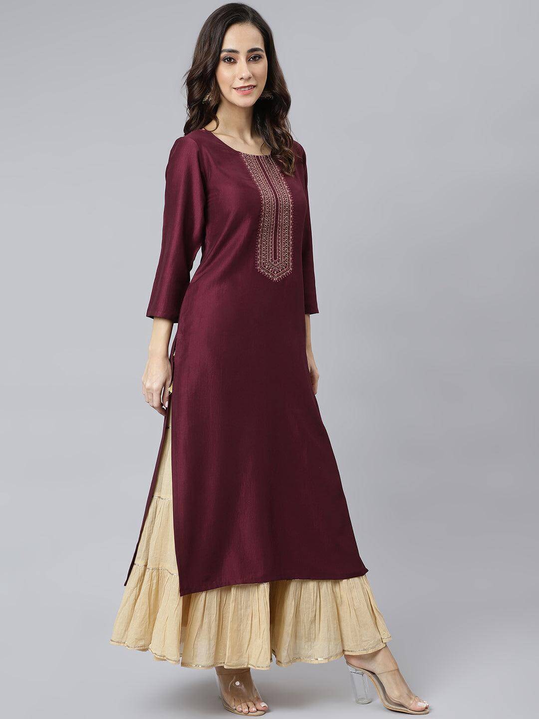 Wine Poly Silk Solid Straight Kurta
