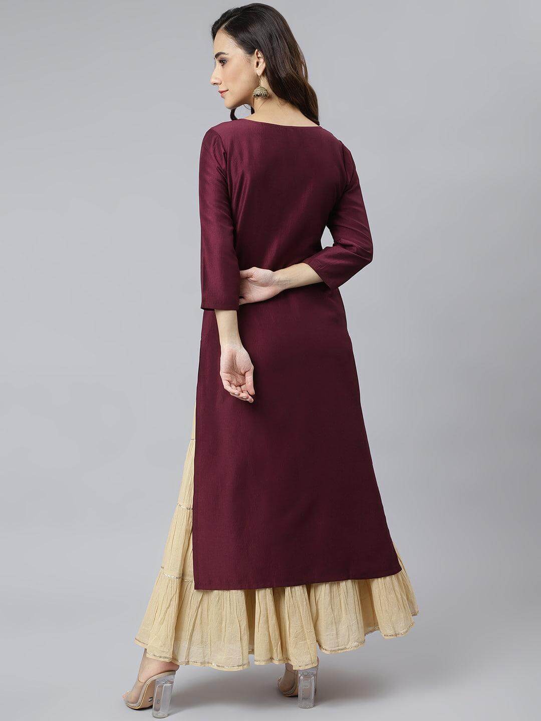 Wine Poly Silk Solid Straight Kurta
