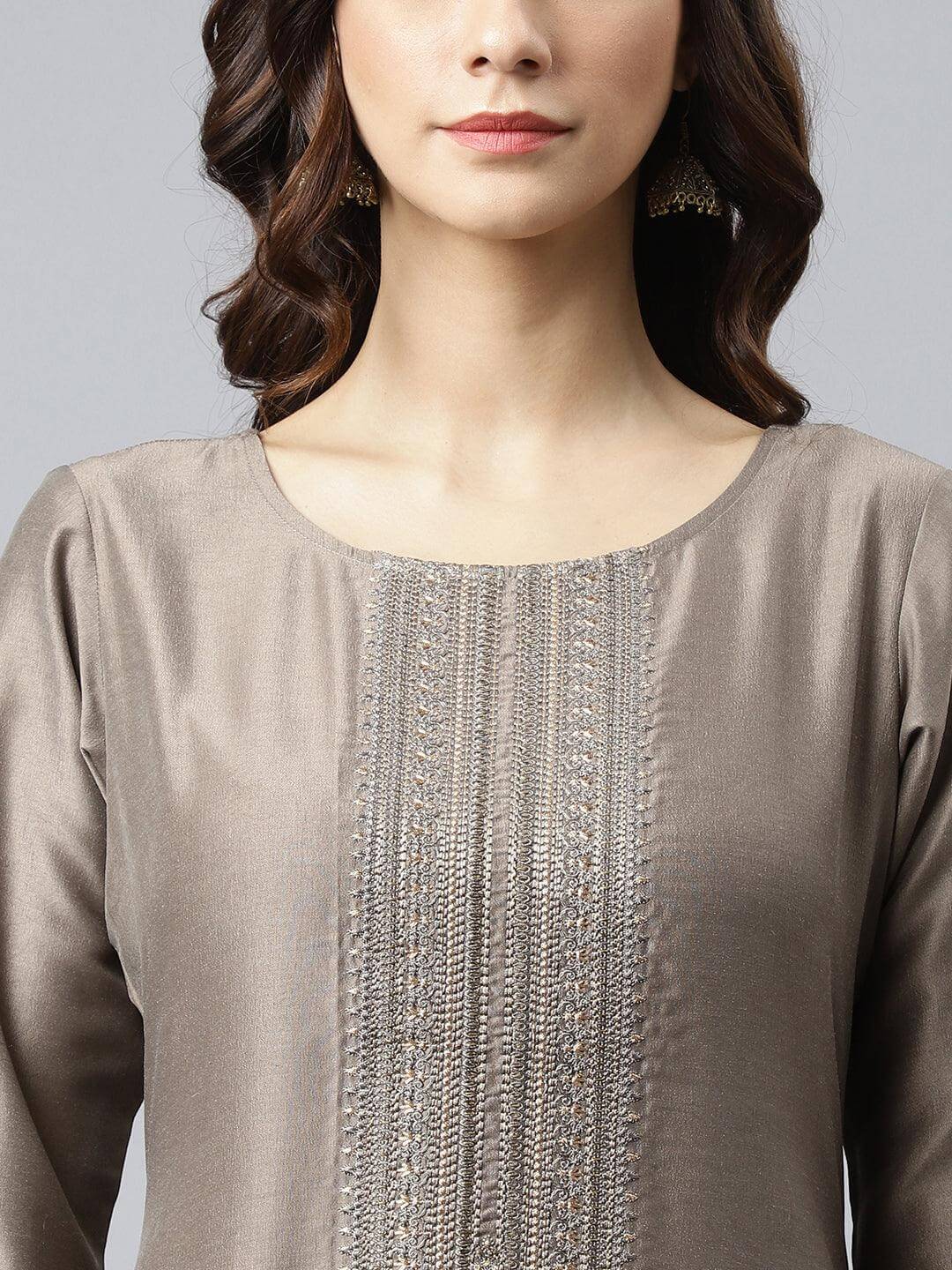 Taupe Poly Silk Solid Straight Kurta