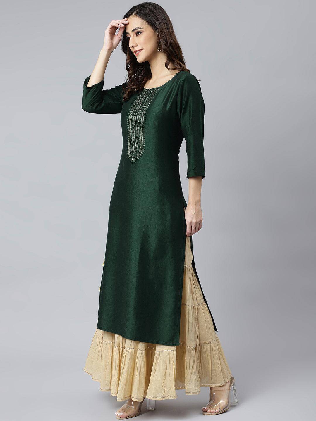 Green Poly Silk Embroidered Straight Kurta